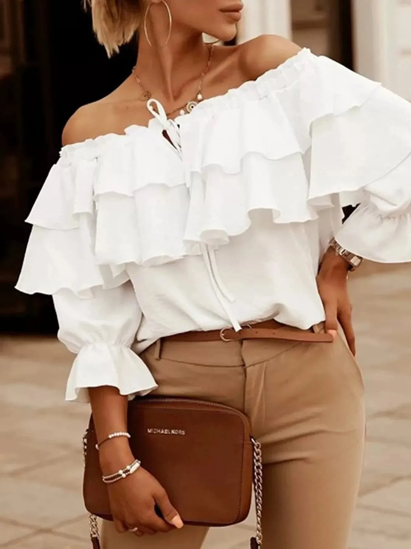 Ruffled Off-Shoulder Blouse sold by Charming Charlie