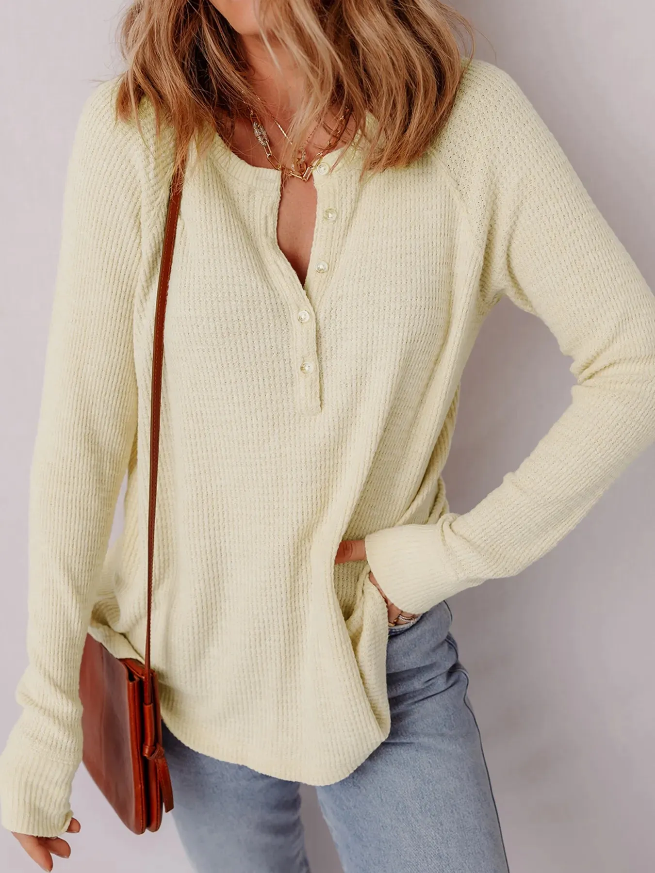 Textured Knit Half Buttons Henley Top sold by Charming Charlie product image thumbnail 2