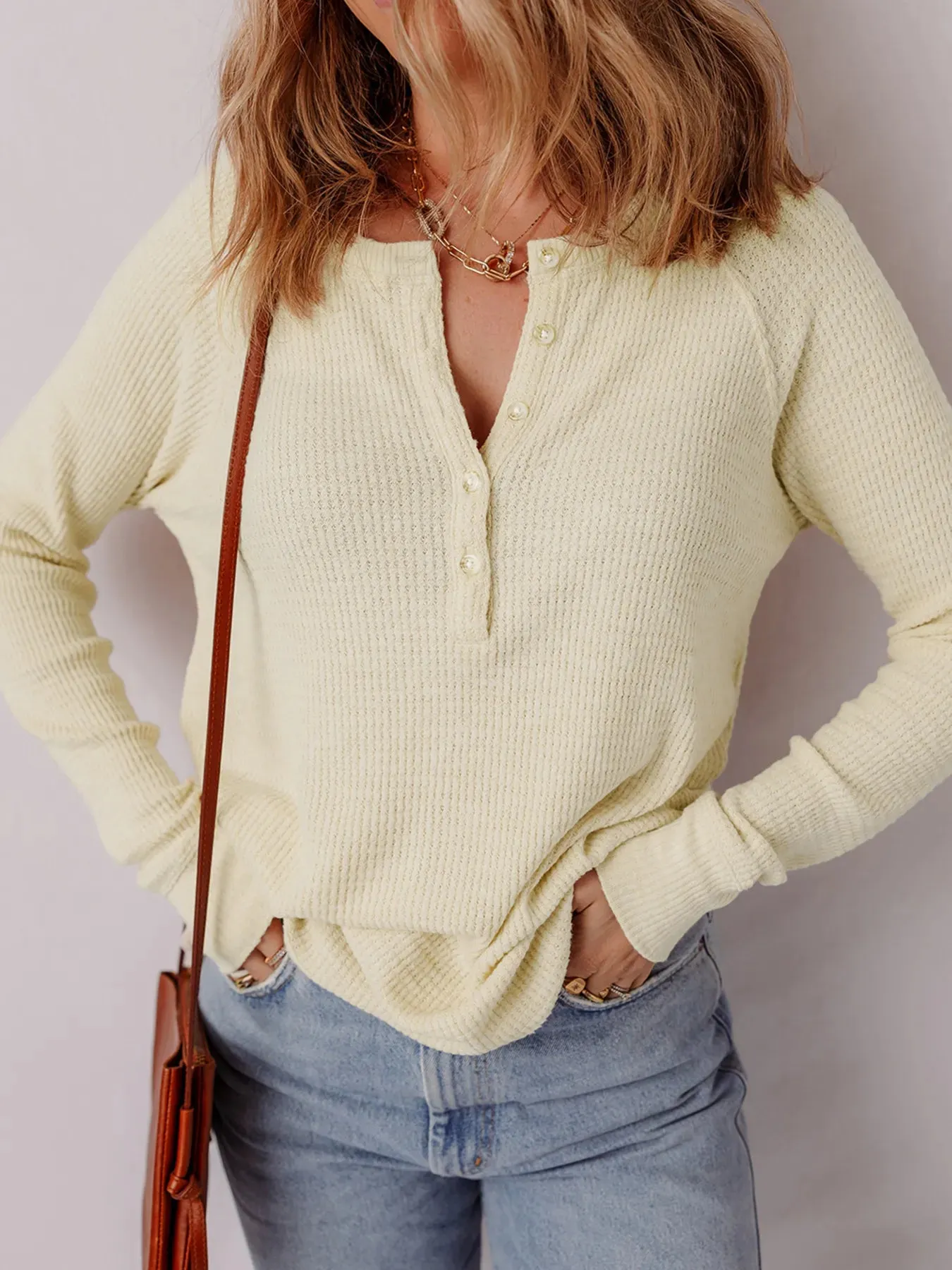 Textured Knit Half Buttons Henley Top sold by Charming Charlie product image thumbnail 4