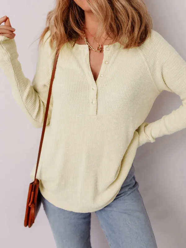 Textured Knit Half Buttons Henley Top sold by Charming Charlie