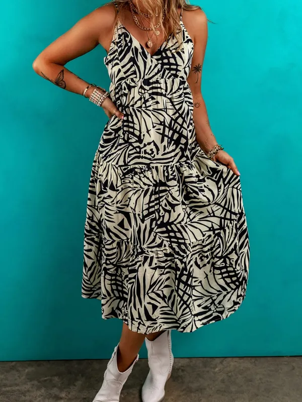 Palm Print Wrapped Spaghetti Straps Tiered Dress sold by Charming Charlie