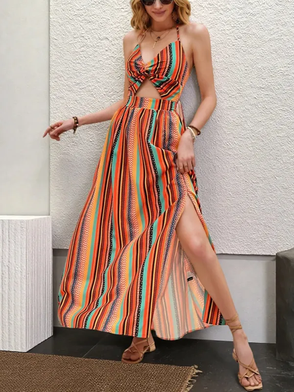 Striped Halter Maxi Dress with Cutout Detail sold by Charming Charlie