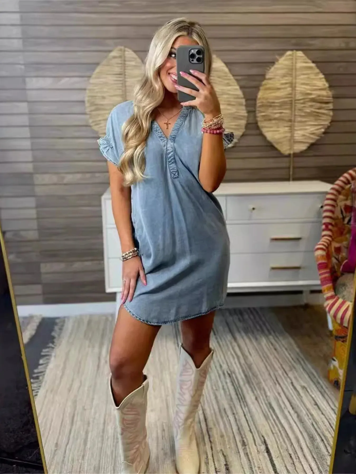 Full Size V-Neck Short Sleeve Denim Dress Plus Size sold by Charming Charlie