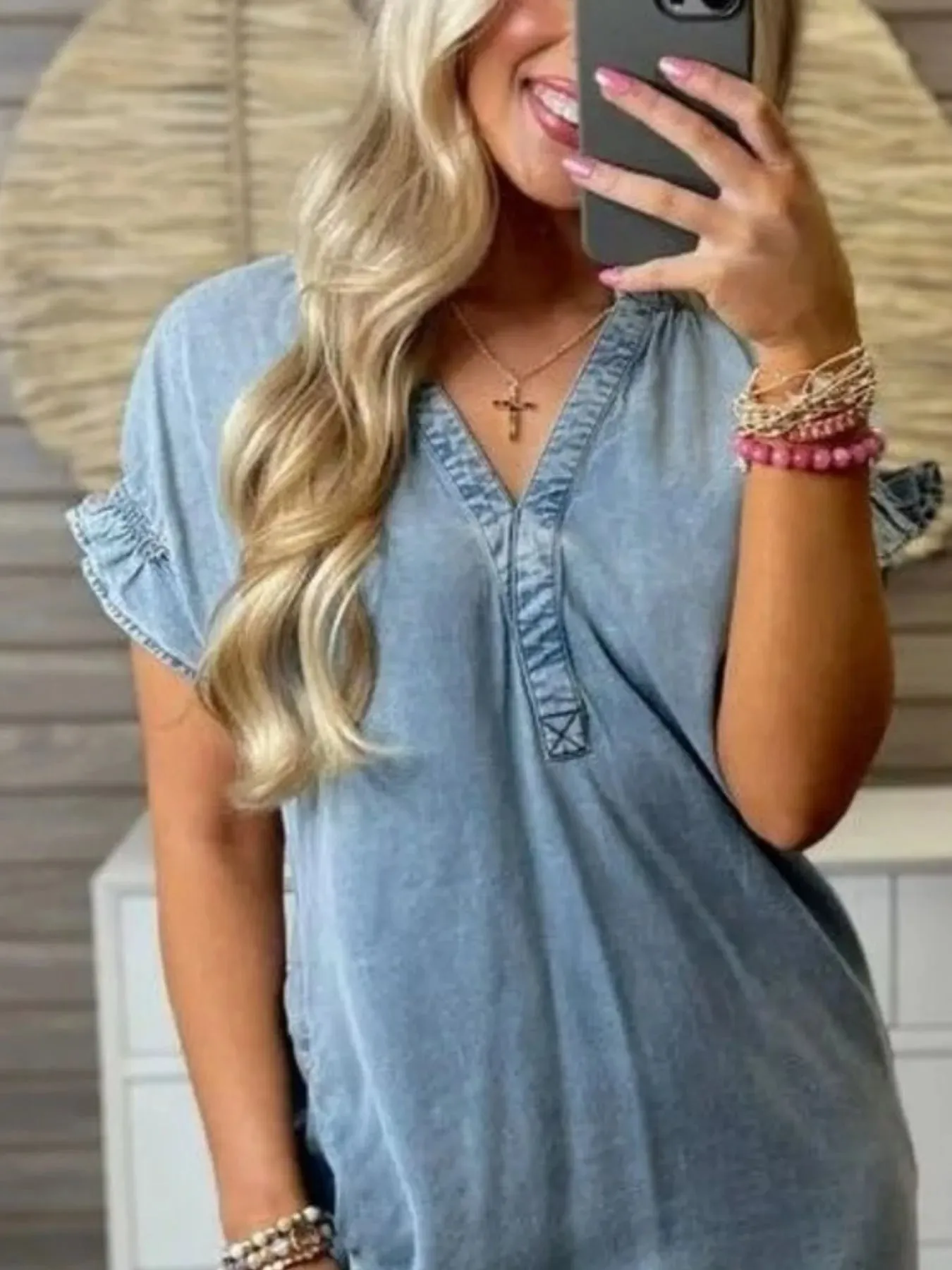 Full Size V-Neck Short Sleeve Denim Dress Plus Size sold by Charming Charlie product image thumbnail 2