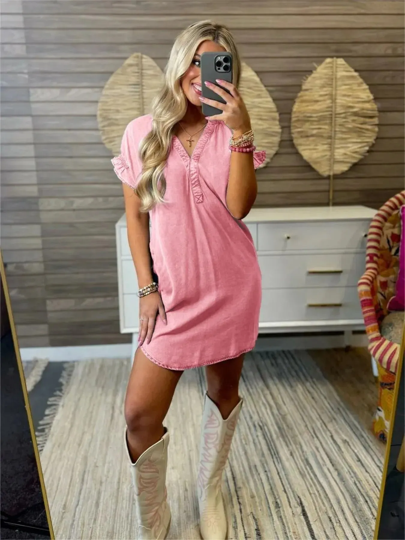 Full Size V-Neck Short Sleeve Denim Dress Plus Size sold by Charming Charlie product image thumbnail 4