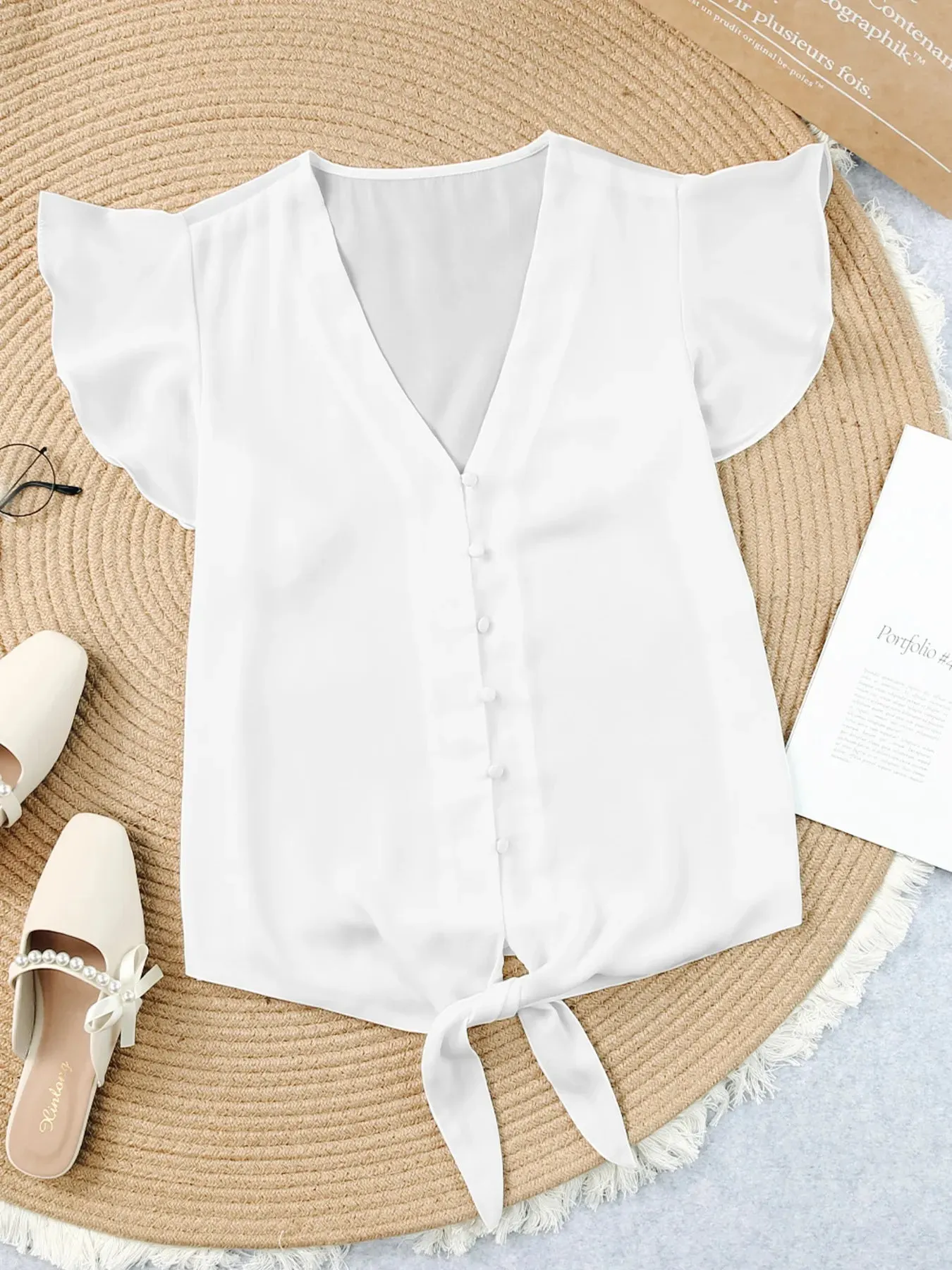 V-Neck Tie-Front Flutter Sleeve Blouse sold by Charming Charlie product image thumbnail 5