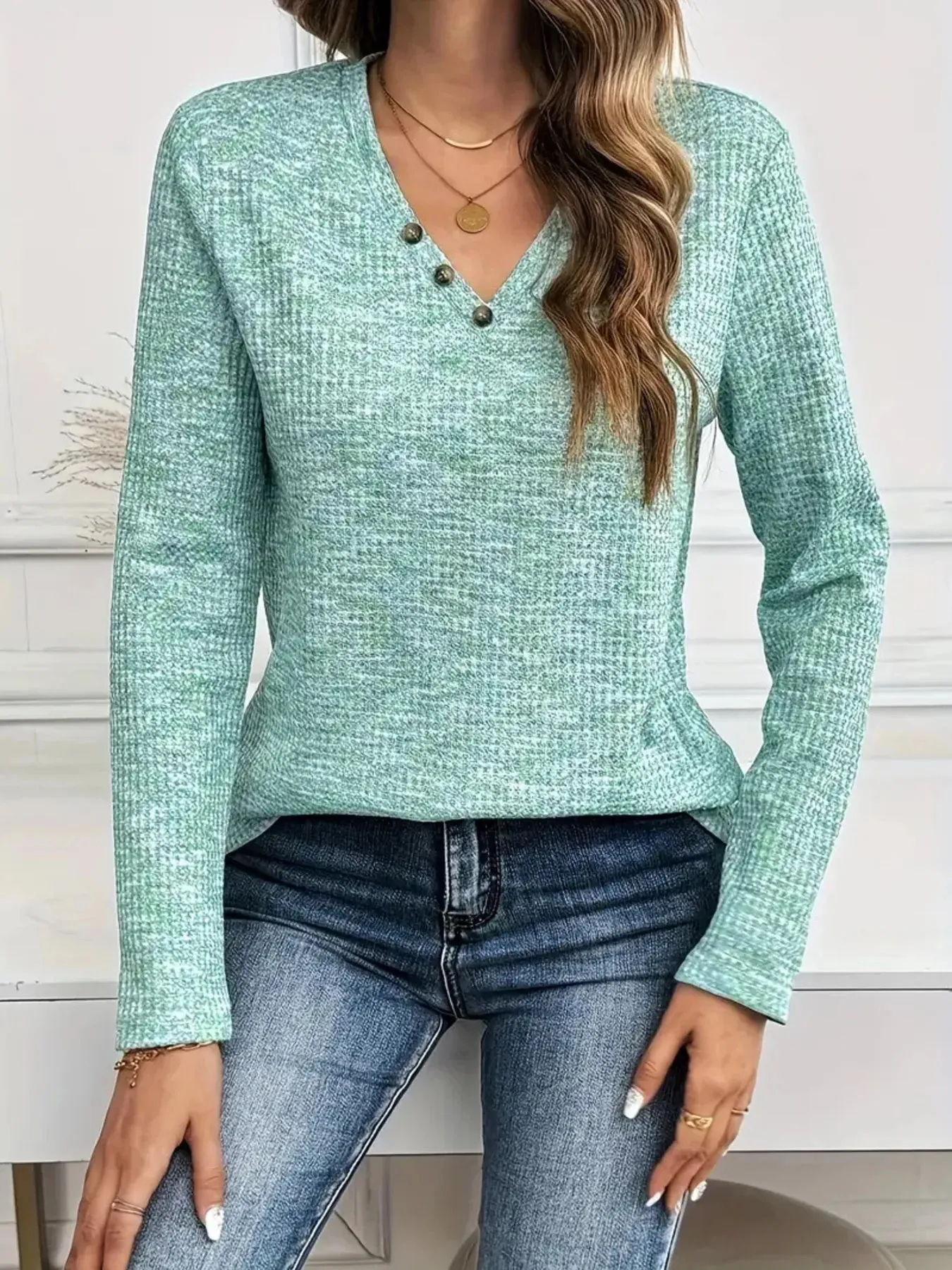 Heathered V-Neck Long Sleeve T-Shirt sold by Charming Charlie product image thumbnail 4