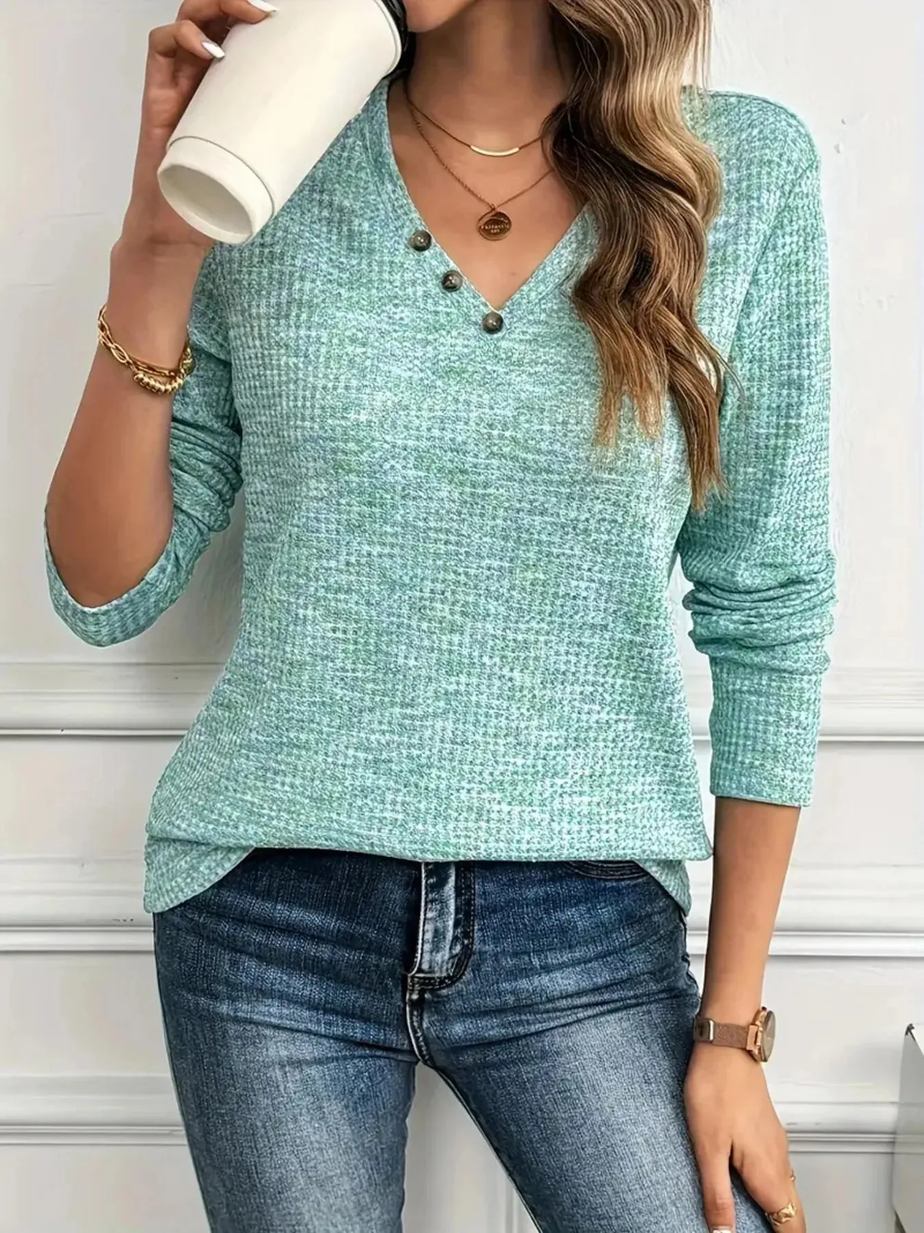 Heathered V-Neck Long Sleeve T-Shirt sold by Charming Charlie product image thumbnail 3