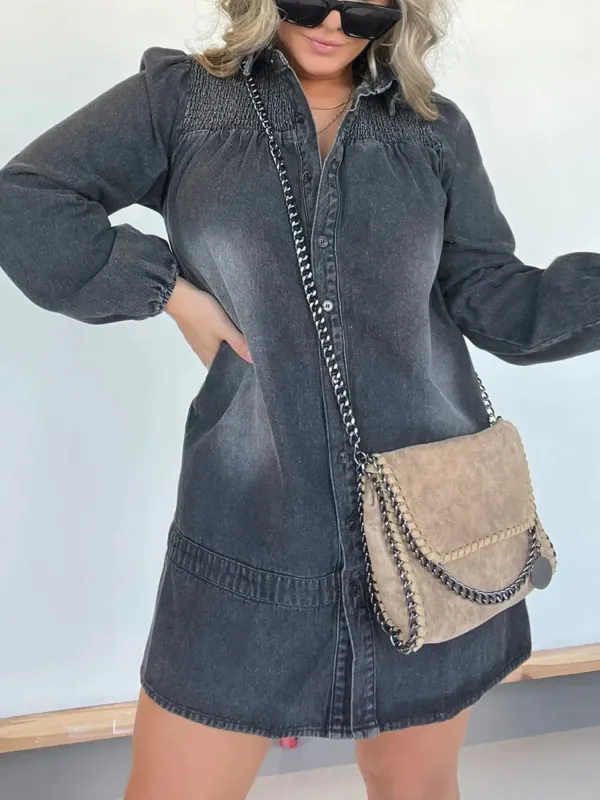 Full Size Button Front Long Sleeve Denim Dress Plus Size sold by Charming Charlie