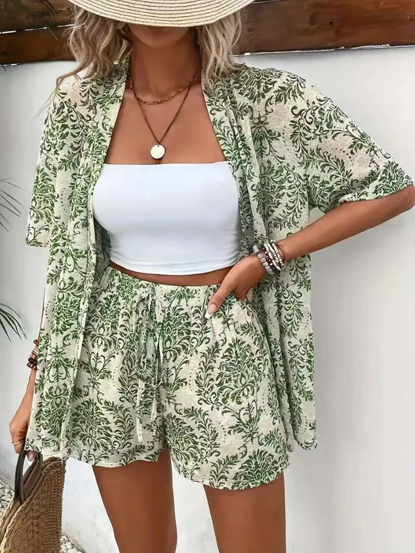 Printed Open Front Cardigan and Shorts Set sold by Charming Charlie product image thumbnail 4