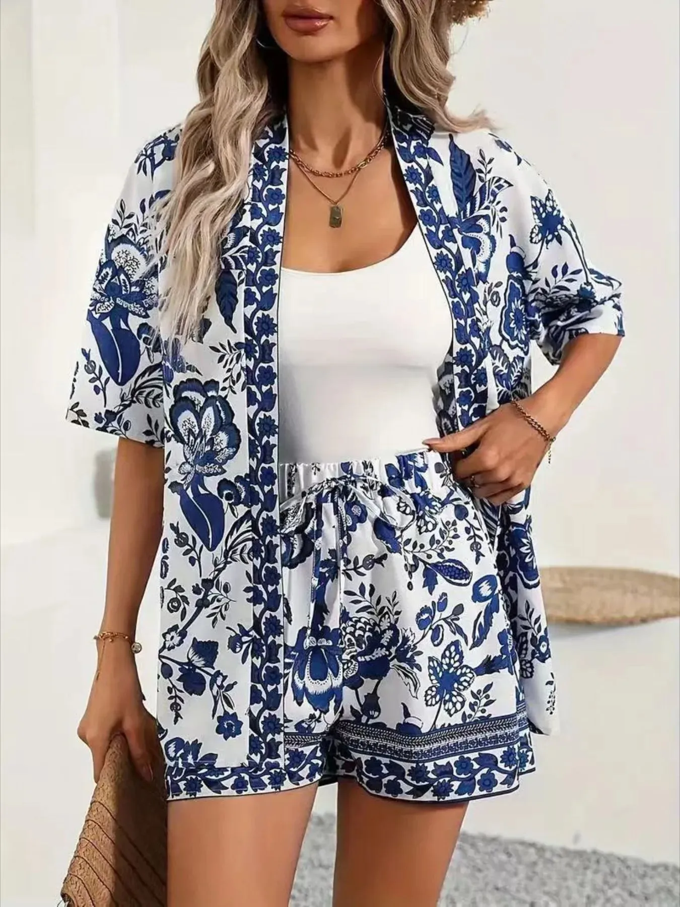 Printed Open Front Cardigan and Shorts Set sold by Charming Charlie