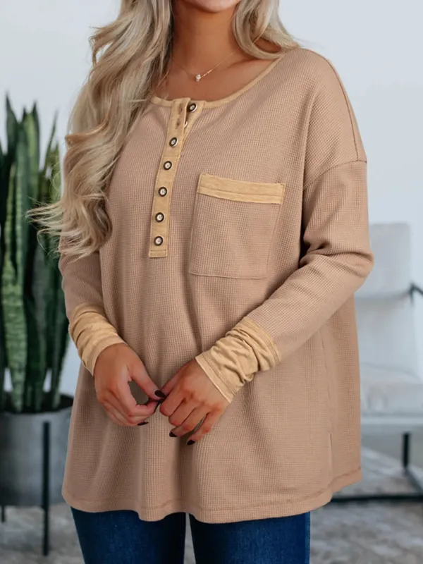 Waffle Textured Tunic Henley Top with Slits sold by Charming Charlie