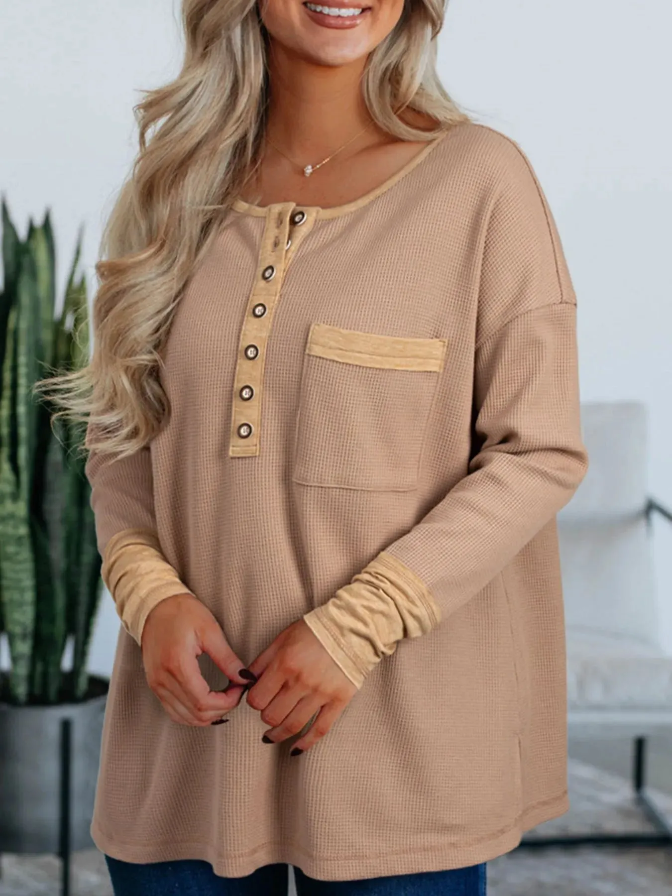Waffle Textured Tunic Henley Top with Slits sold by Charming Charlie product image thumbnail 3