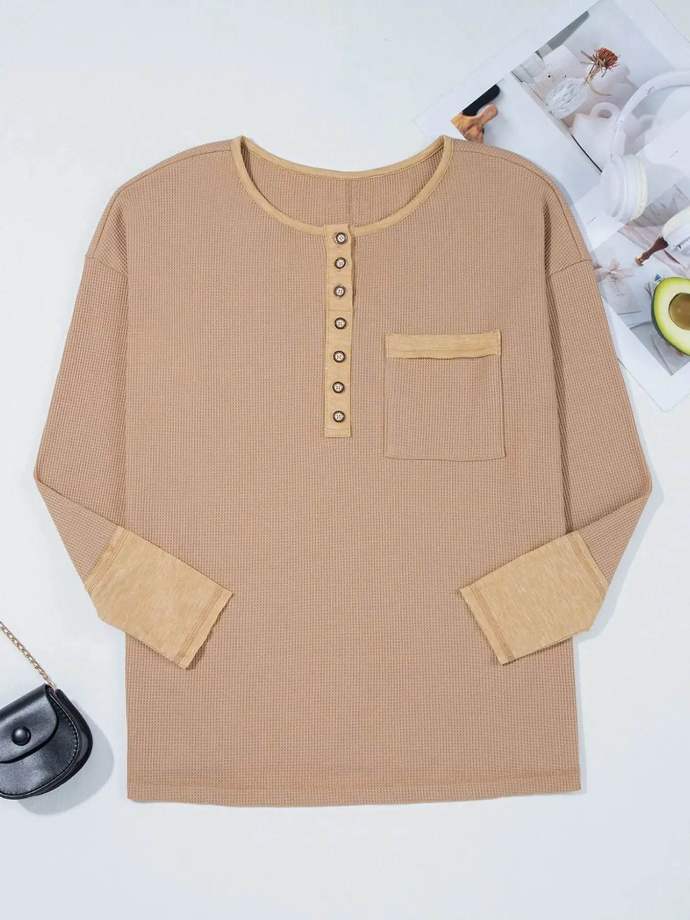 Waffle Textured Tunic Henley Top with Slits sold by Charming Charlie product image thumbnail 4