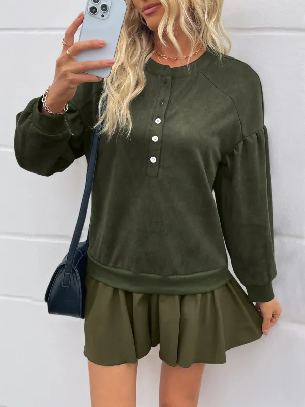 Button Front Mini Sweatshirt Dress sold by Charming Charlie