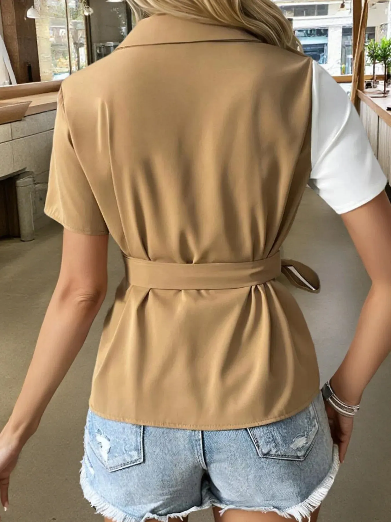 Two-Tone Short Sleeve Blouse with Tie Waist sold by Charming Charlie product image thumbnail 2