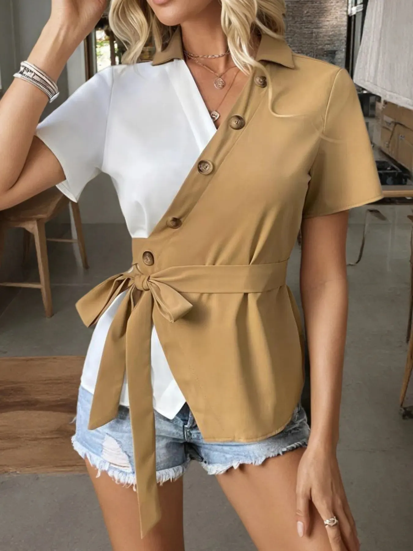 Two-Tone Short Sleeve Blouse with Tie Waist sold by Charming Charlie product image thumbnail 5