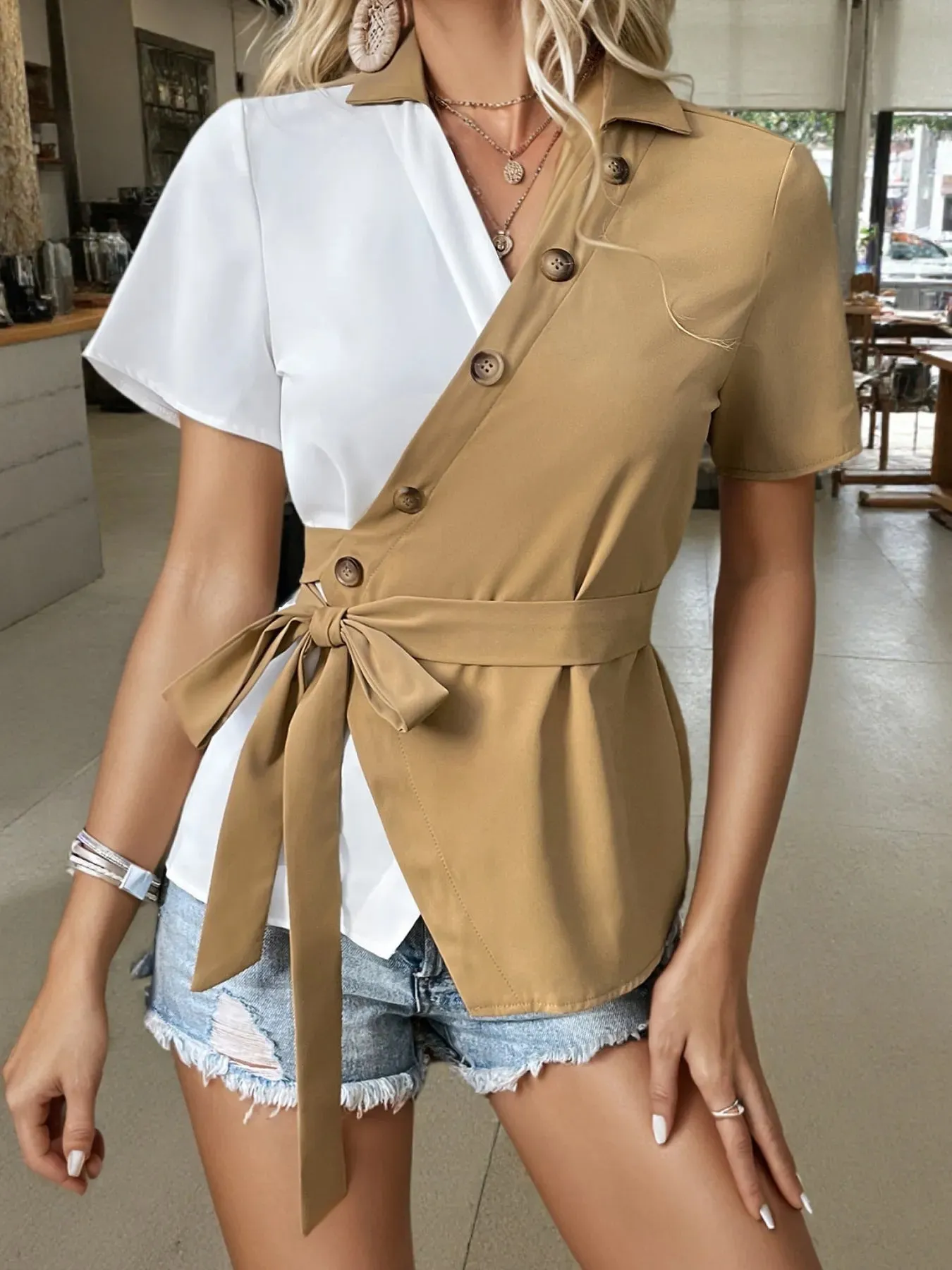 Two-Tone Short Sleeve Blouse with Tie Waist sold by Charming Charlie product image thumbnail 3