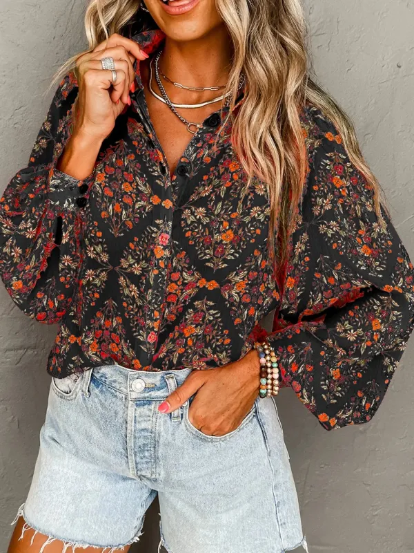 Floral Print Lantern Sleeve Loose Shirt sold by Charming Charlie
