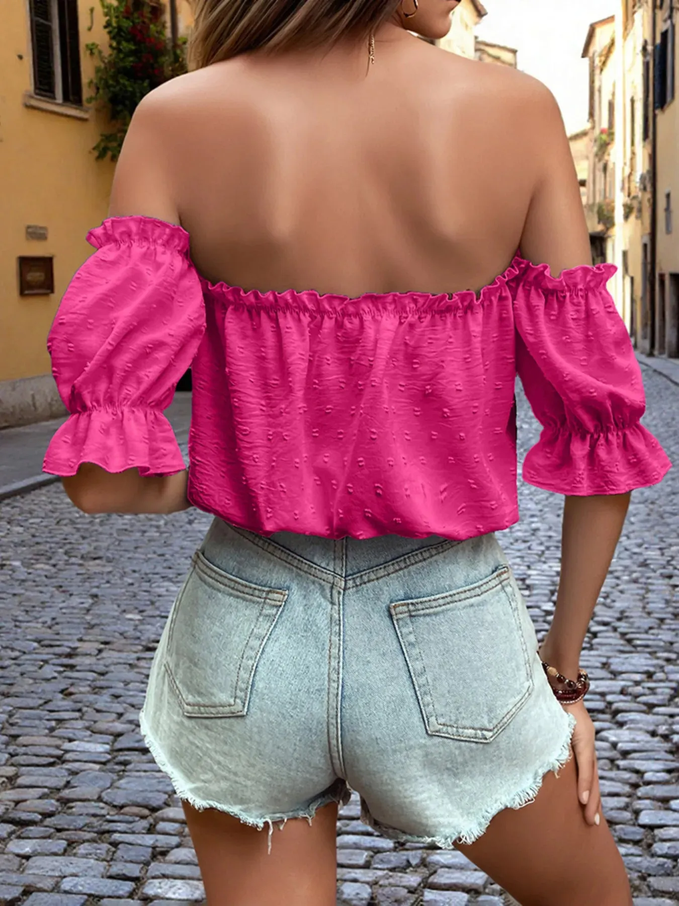 Off-Shoulder Swiss Dot Blouse with Tie Front Detail sold by Charming Charlie product image thumbnail 2