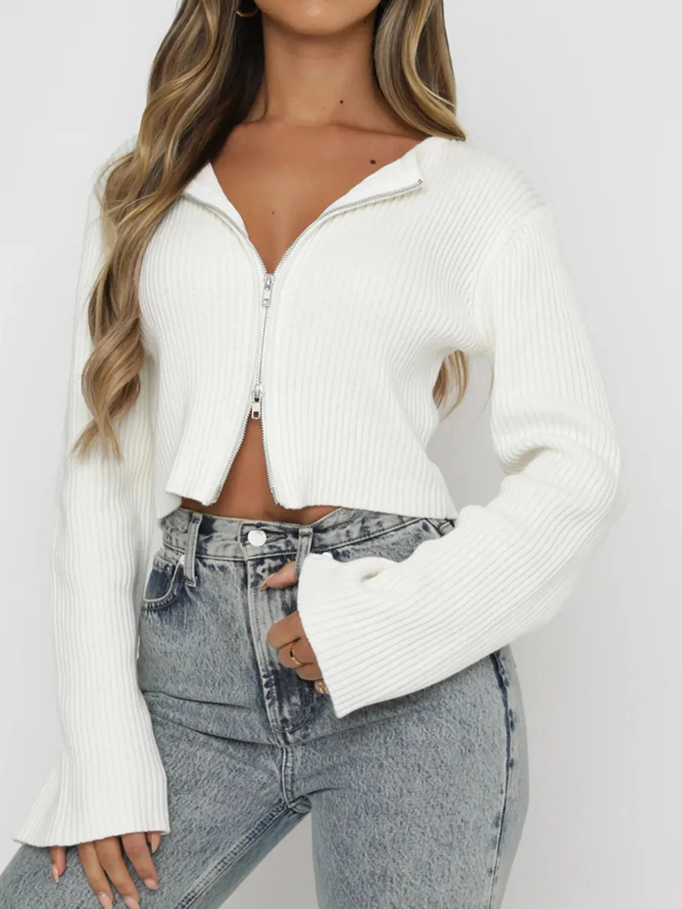Ribbed Zip-Up Cropped Cardigan sold by Charming Charlie