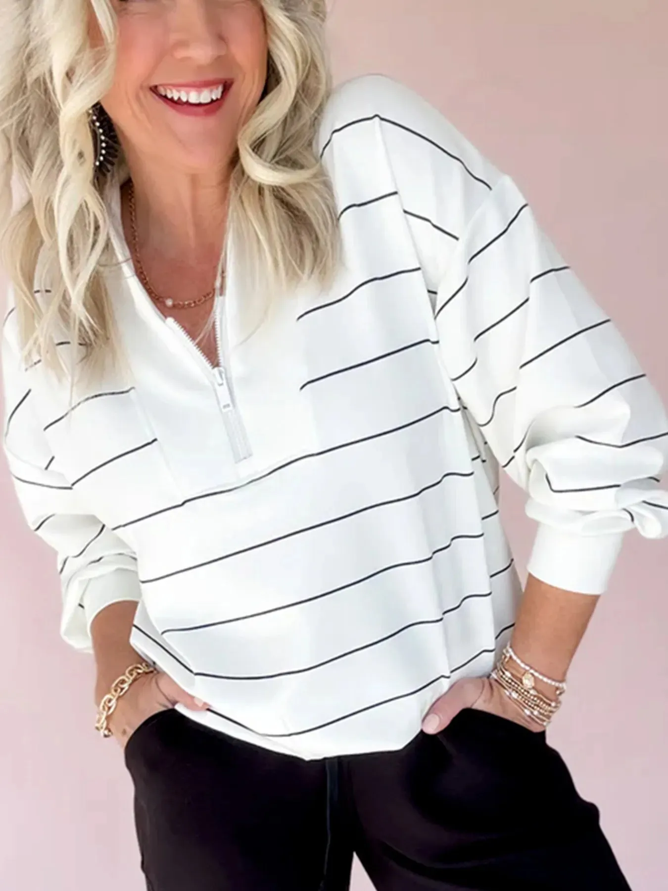 Striped Quarter Zip Sweatshirt with Relaxed Fit sold by Charming Charlie product image thumbnail 4