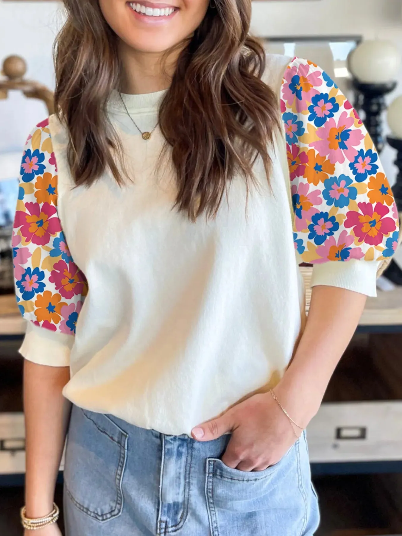 Floral Puff Sleeve Round Neck T-Shirt sold by Charming Charlie