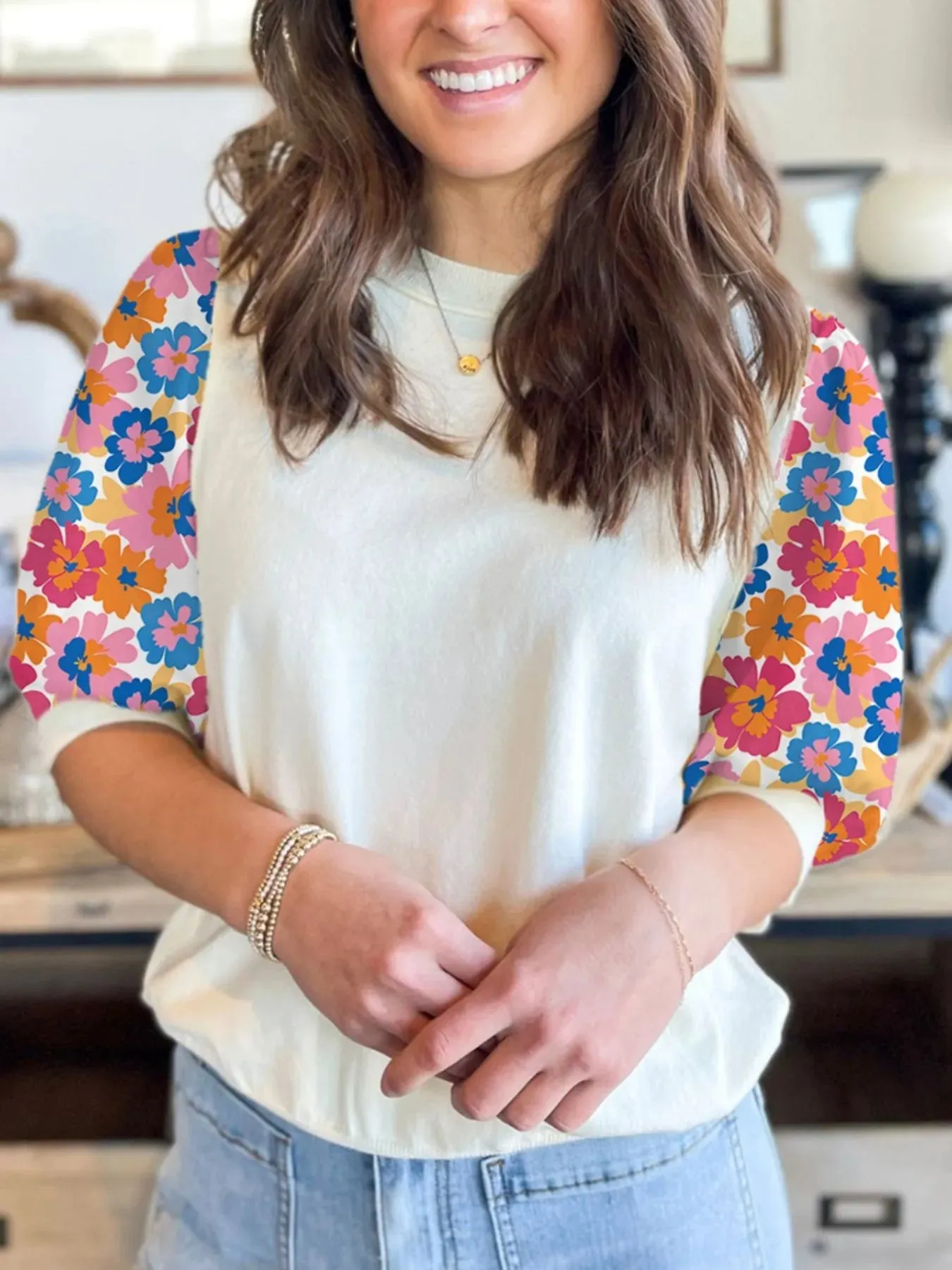 Floral Puff Sleeve Round Neck T-Shirt sold by Charming Charlie product image thumbnail 4