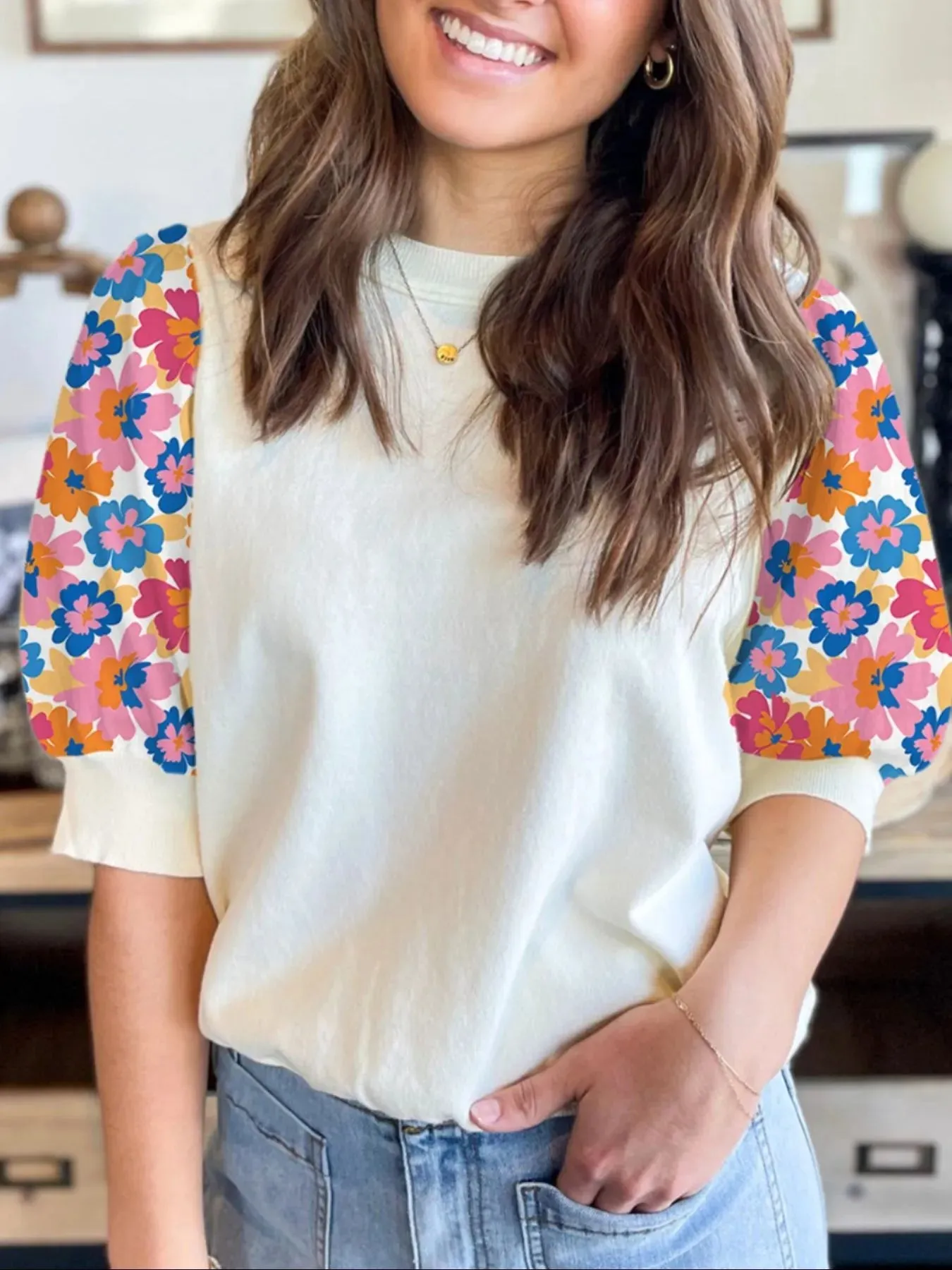 Floral Puff Sleeve Round Neck T-Shirt sold by Charming Charlie product image thumbnail 3
