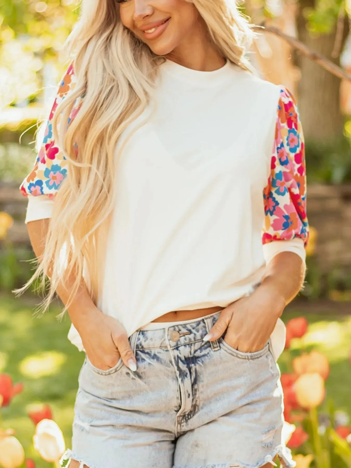 Floral Puff Sleeve Round Neck T-Shirt sold by Charming Charlie product image thumbnail 5