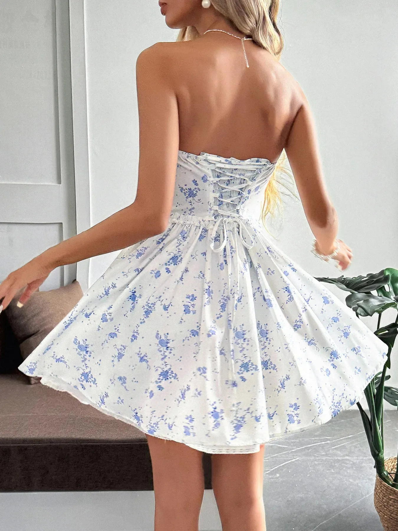 Lace Up Back Strapless Floral Mini Dress sold by Charming Charlie product image thumbnail 3