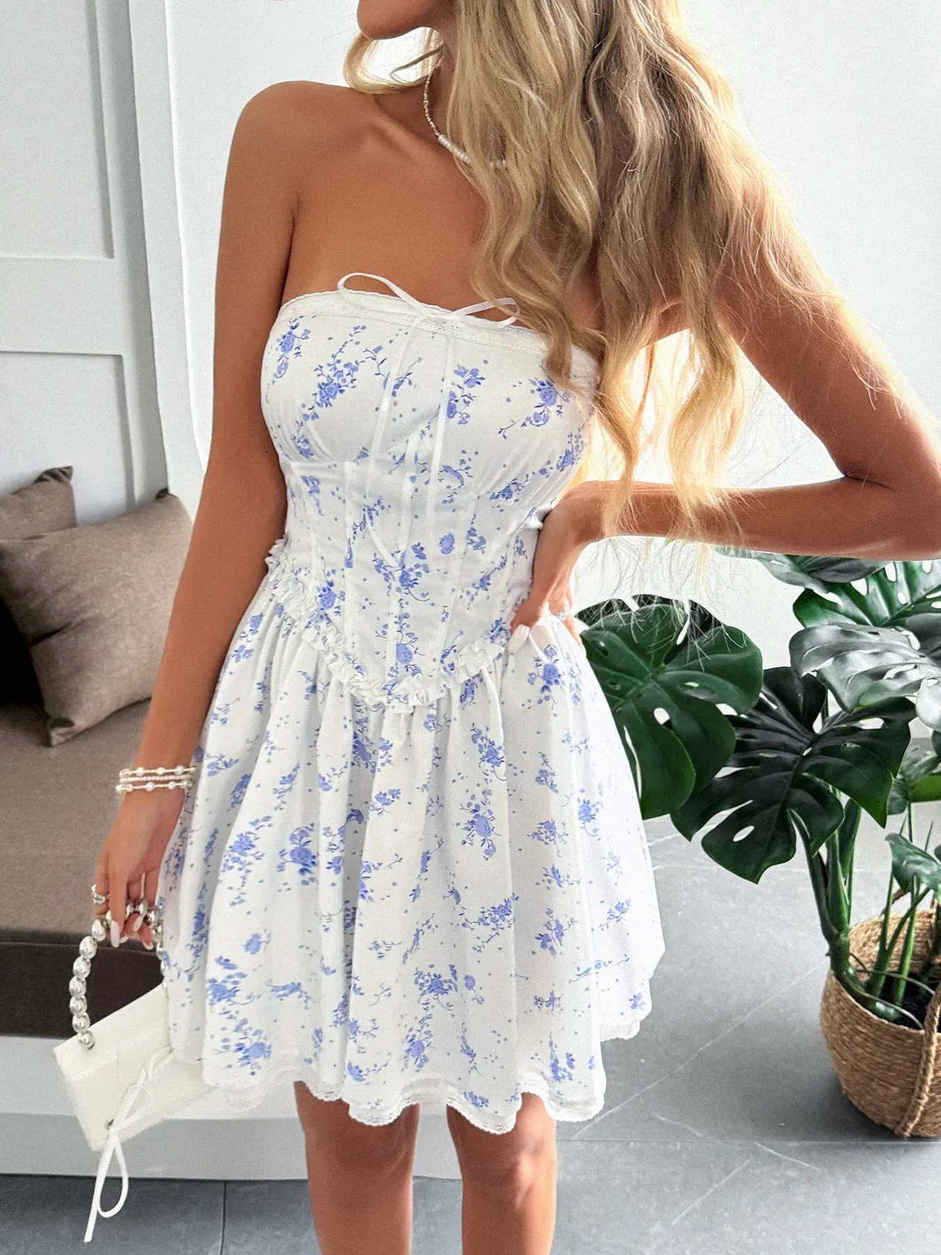 Lace Up Back Strapless Floral Mini Dress sold by Charming Charlie product image thumbnail 2