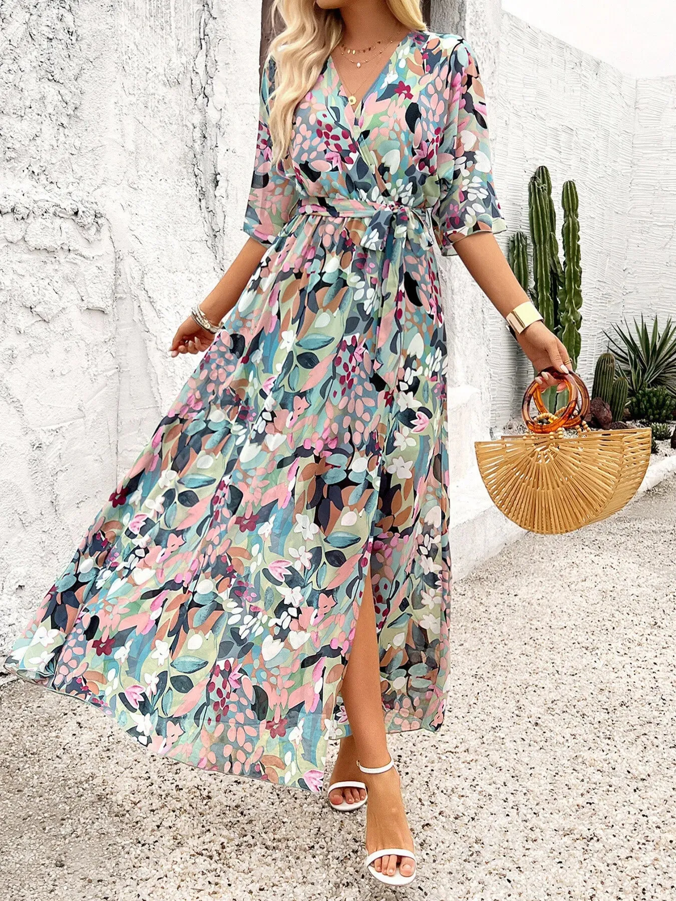 Slit Printed Surplice Half Sleeve Maxi Dress sold by Charming Charlie product image thumbnail 2