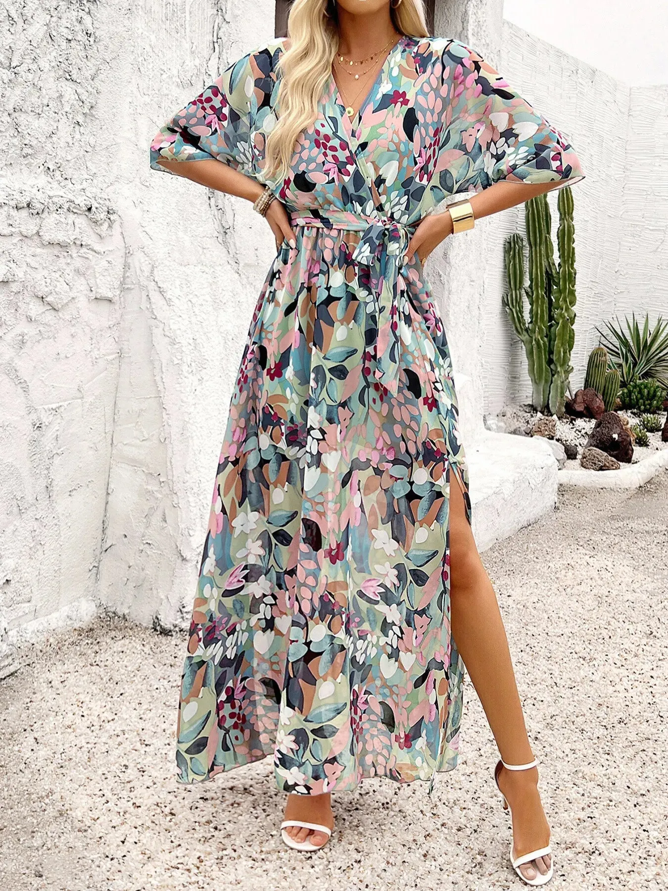 Slit Printed Surplice Half Sleeve Maxi Dress sold by Charming Charlie product image thumbnail 4