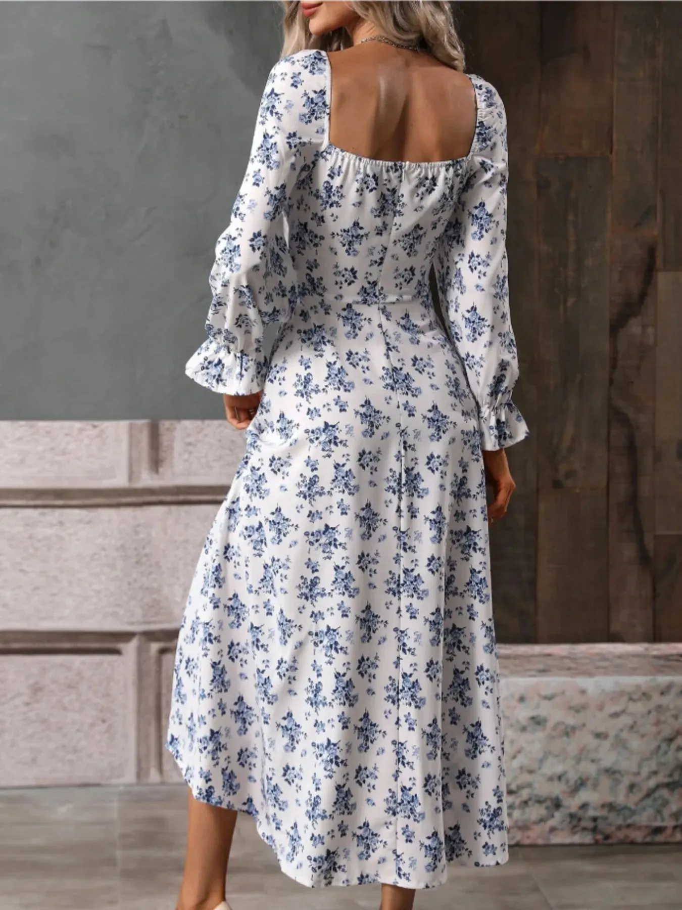 Floral Print Square Neck Flounce Sleeve Dress with Side Slit sold by Charming Charlie product image thumbnail 2