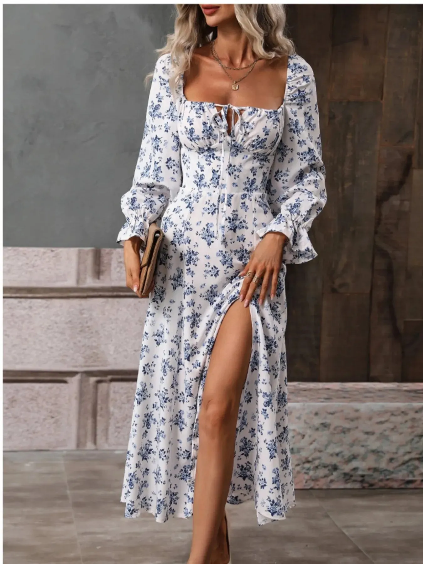 Floral Print Square Neck Flounce Sleeve Dress with Side Slit sold by Charming Charlie