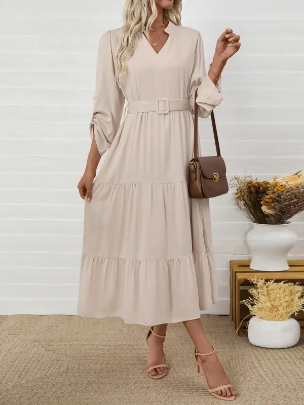 Tiered Notched Belted Midi Dress sold by Charming Charlie