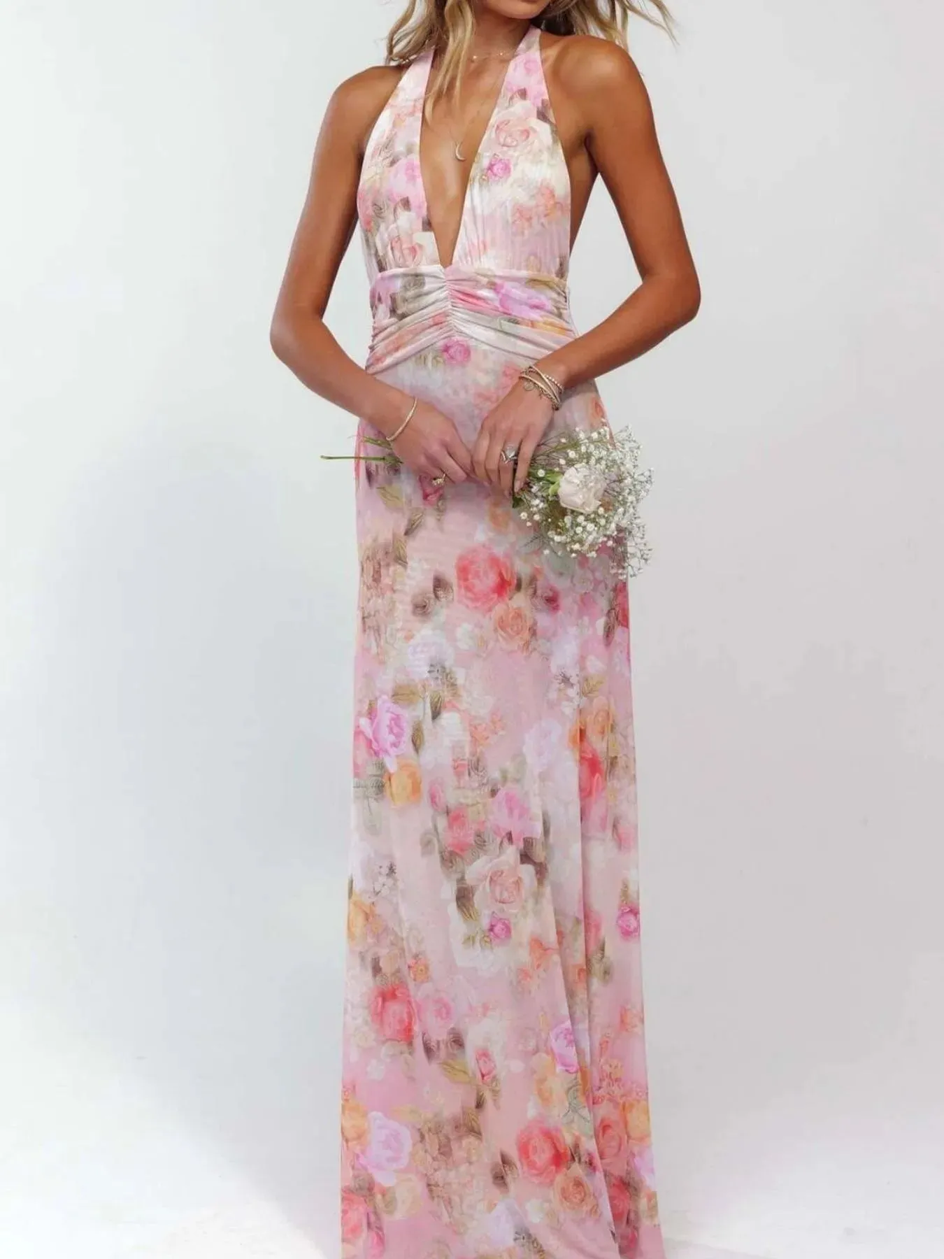 Floral Halter Neck Deep V Maxi Dress sold by Charming Charlie