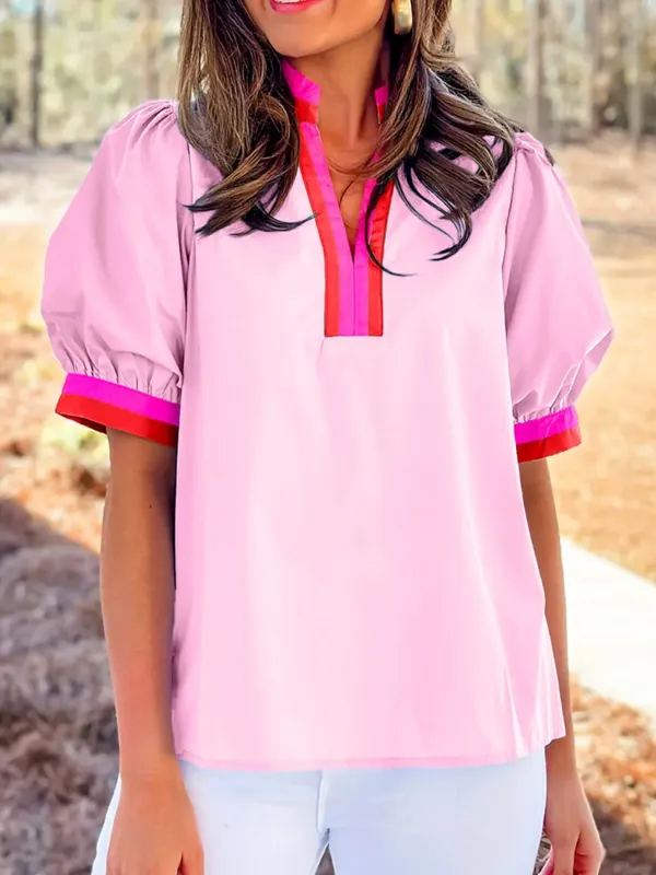 Contrast Trim Notched Short Sleeve Blouse sold by Charming Charlie