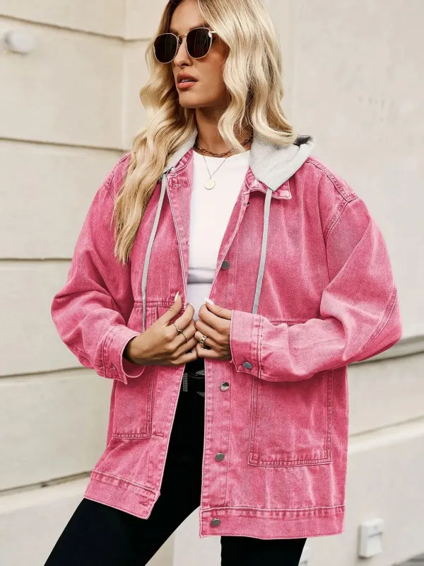 Oversized Button Up Denim Jacket with Hood sold by Charming Charlie