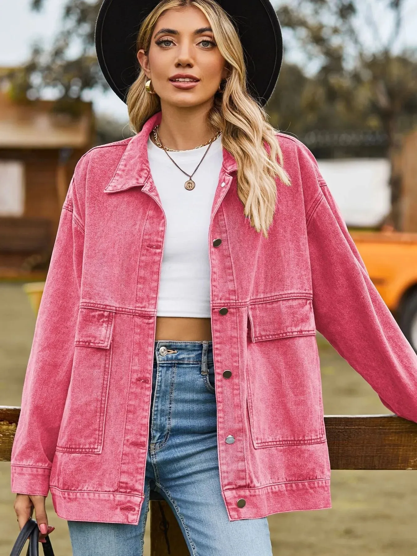 Oversized Button Up Denim Jacket with Hood sold by Charming Charlie product image thumbnail 5