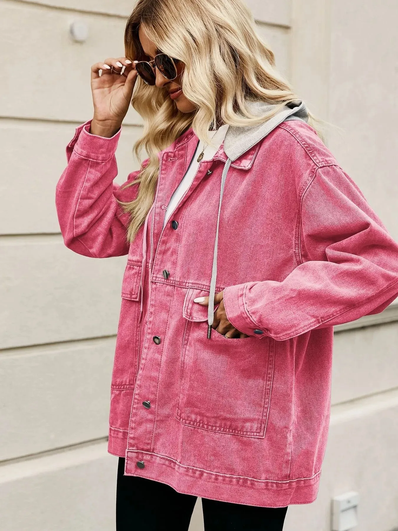 Oversized Button Up Denim Jacket with Hood sold by Charming Charlie product image thumbnail 3