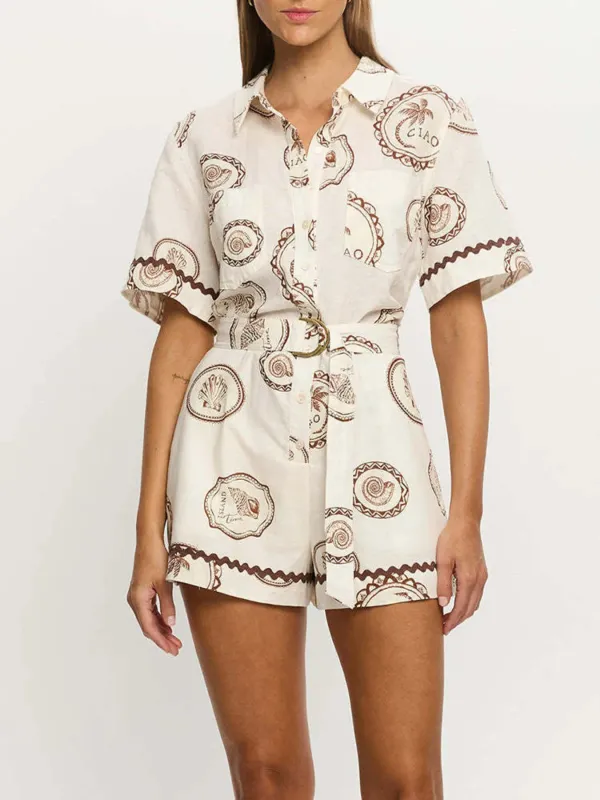 Printed Button-Up Half Sleeve Romper sold by Charming Charlie