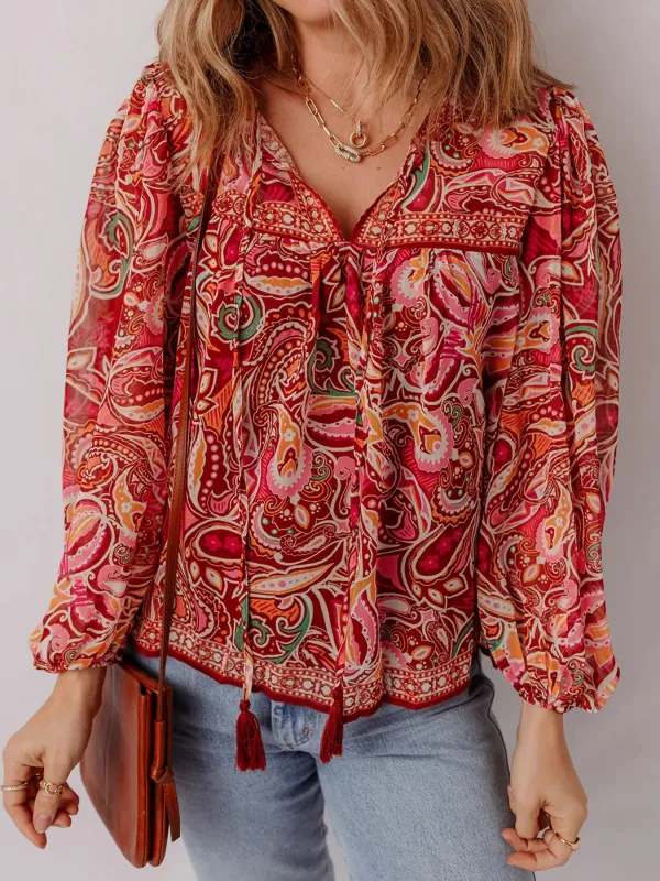 Multicolour Ethnic Paisley Print Tassel Tie Puff Sleeve Boho Blouse sold by Charming Charlie