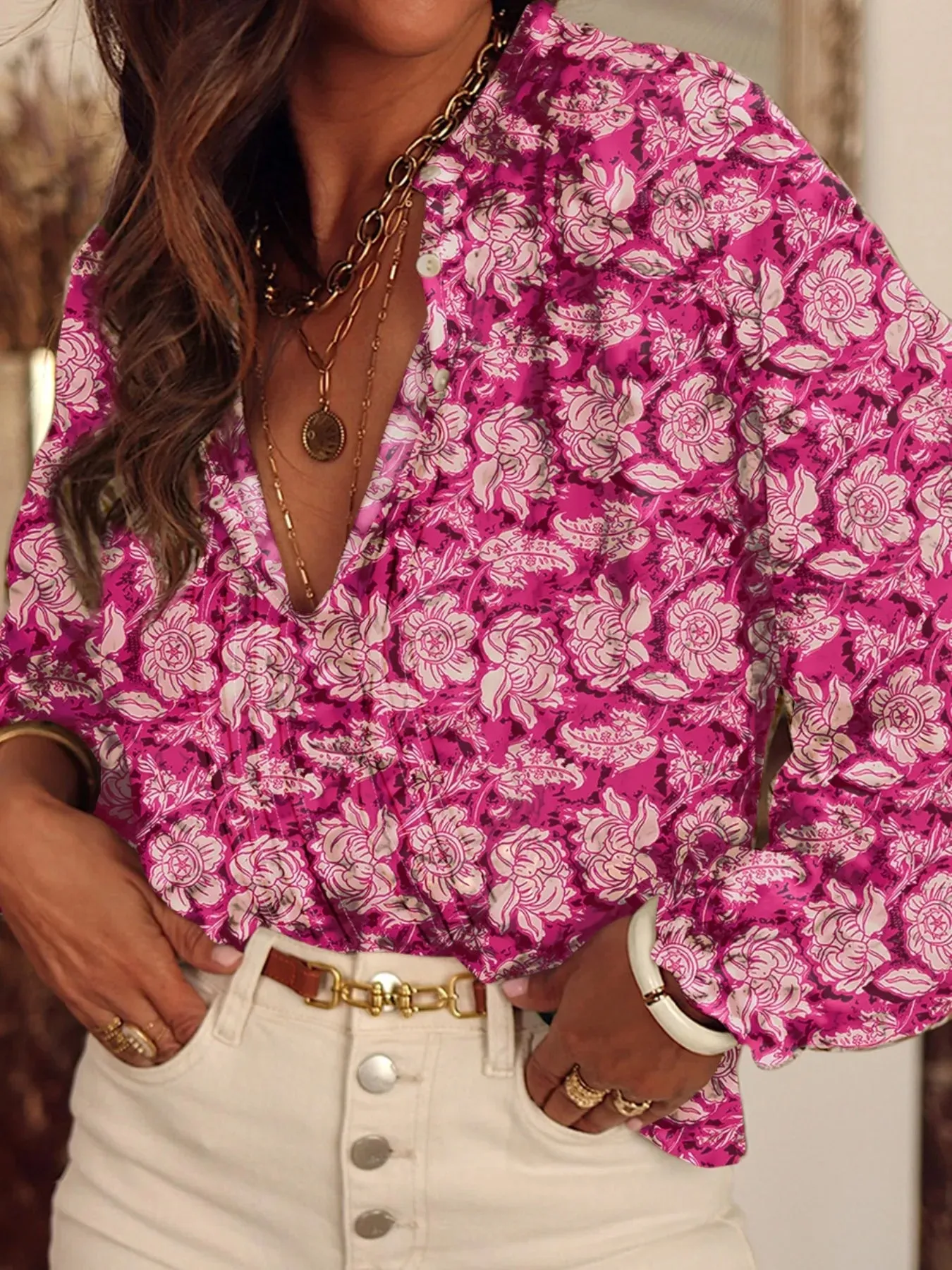 Floral Print Split Neck Pleated Long Sleeve Blouse sold by Charming Charlie product image thumbnail 4