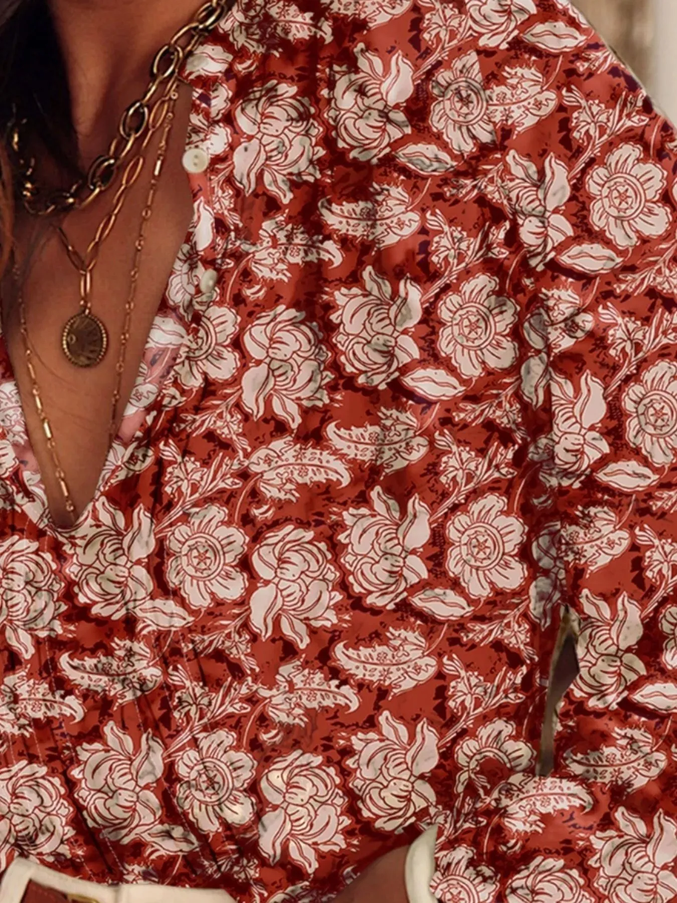 Floral Print Split Neck Pleated Long Sleeve Blouse sold by Charming Charlie product image thumbnail 3