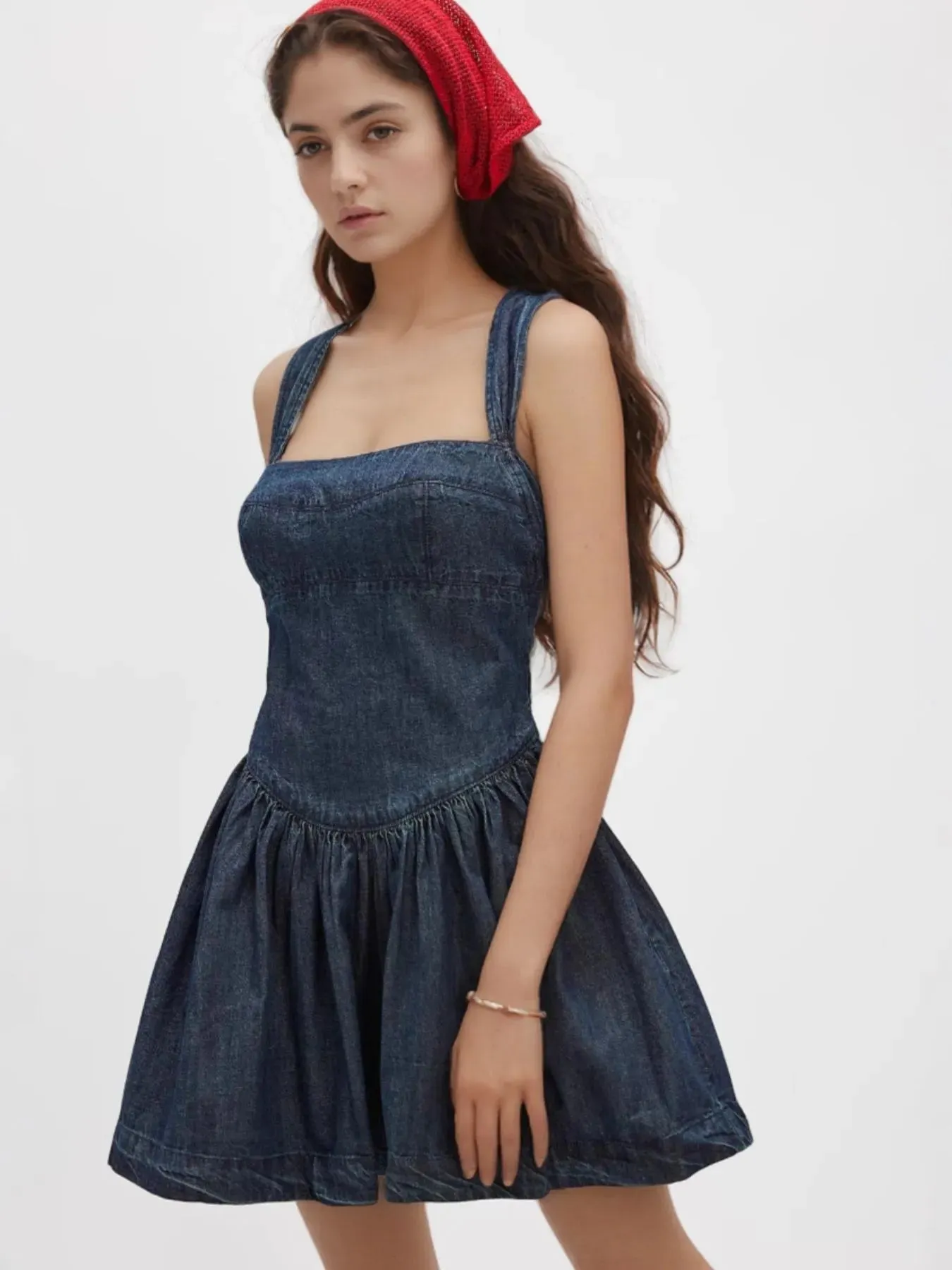 Smocked Crisscross Back Denim Mini Dress sold by Charming Charlie product image thumbnail 5