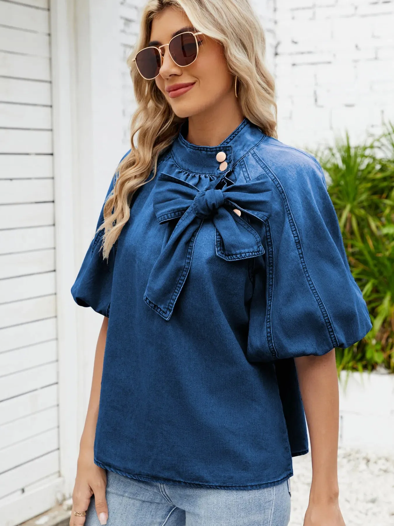 Denim Bow Tie Puff Sleeve Top sold by Charming Charlie product image thumbnail 2