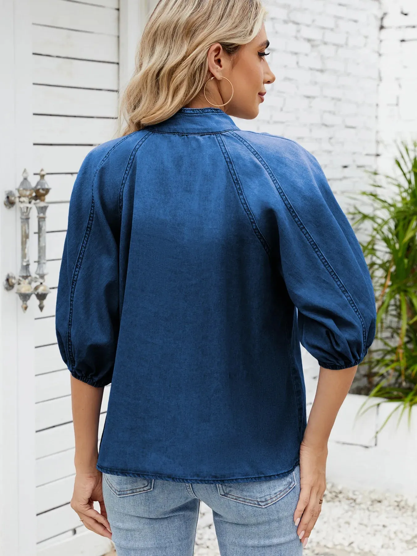 Denim Bow Tie Puff Sleeve Top sold by Charming Charlie product image thumbnail 5