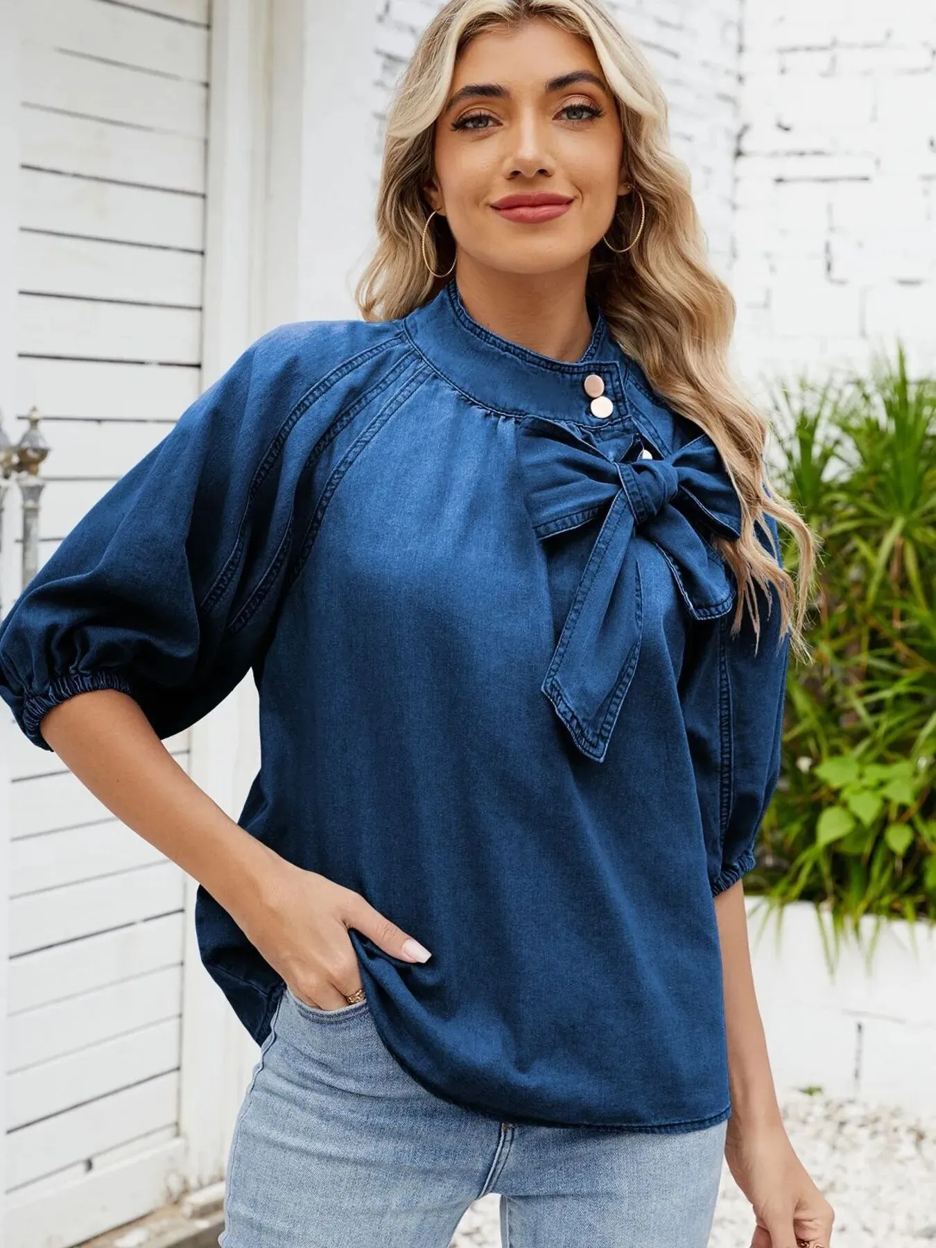 Denim Bow Tie Puff Sleeve Top sold by Charming Charlie product image thumbnail 4